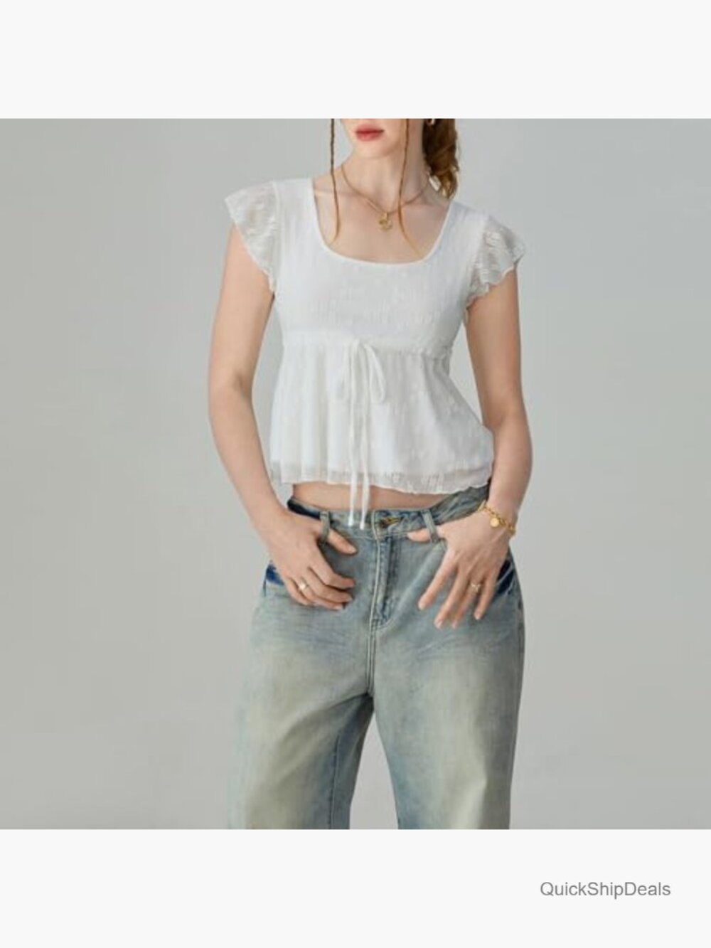 Women Square Neck Peplum Top Y2k Cap Sleeve Ruffle Trim Lace Up Slim Fit Blouse - Picture 4 of 6